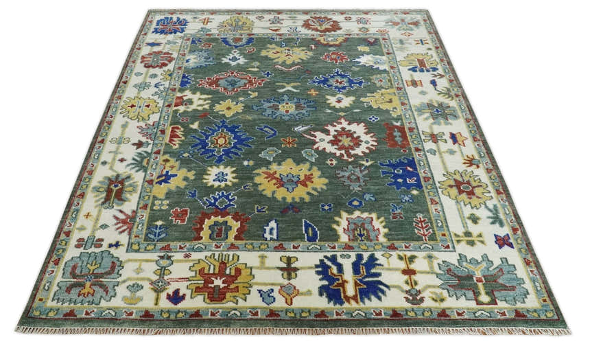 Custom Made Green and Ivory Colorful Hand knotted Traditional Oushak wool Area Rug