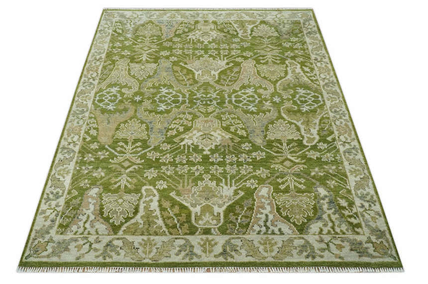 Custom Made Green and Ivory Traditional Dragon Oushak Design Hand knotted wool rug