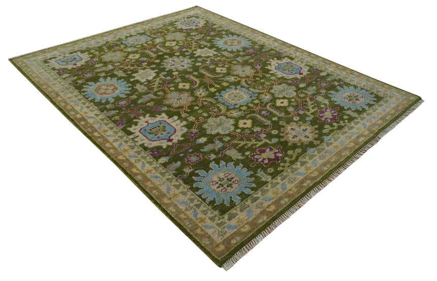 Custom Made Green, Beige and Purple Hand Knotted Traditional Oushak wool area rug