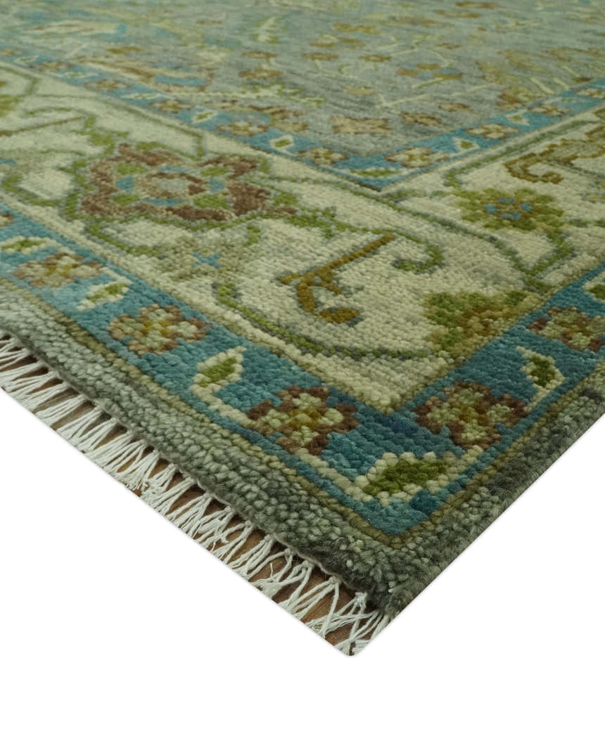Custom Made Green Hand Knotted Antique Design Traditional Oushak wool area rug