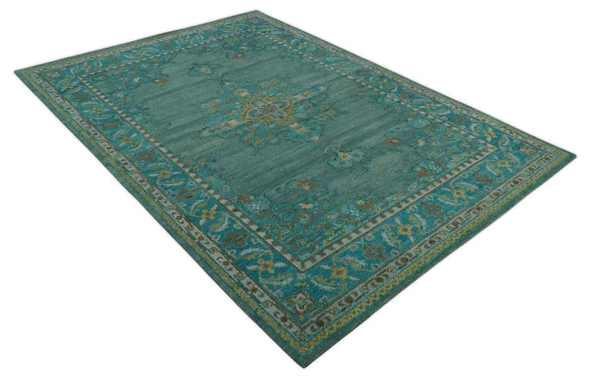 Custom Made Green Hand Knotted Antique Style Multi Size Traditional Wool Rug