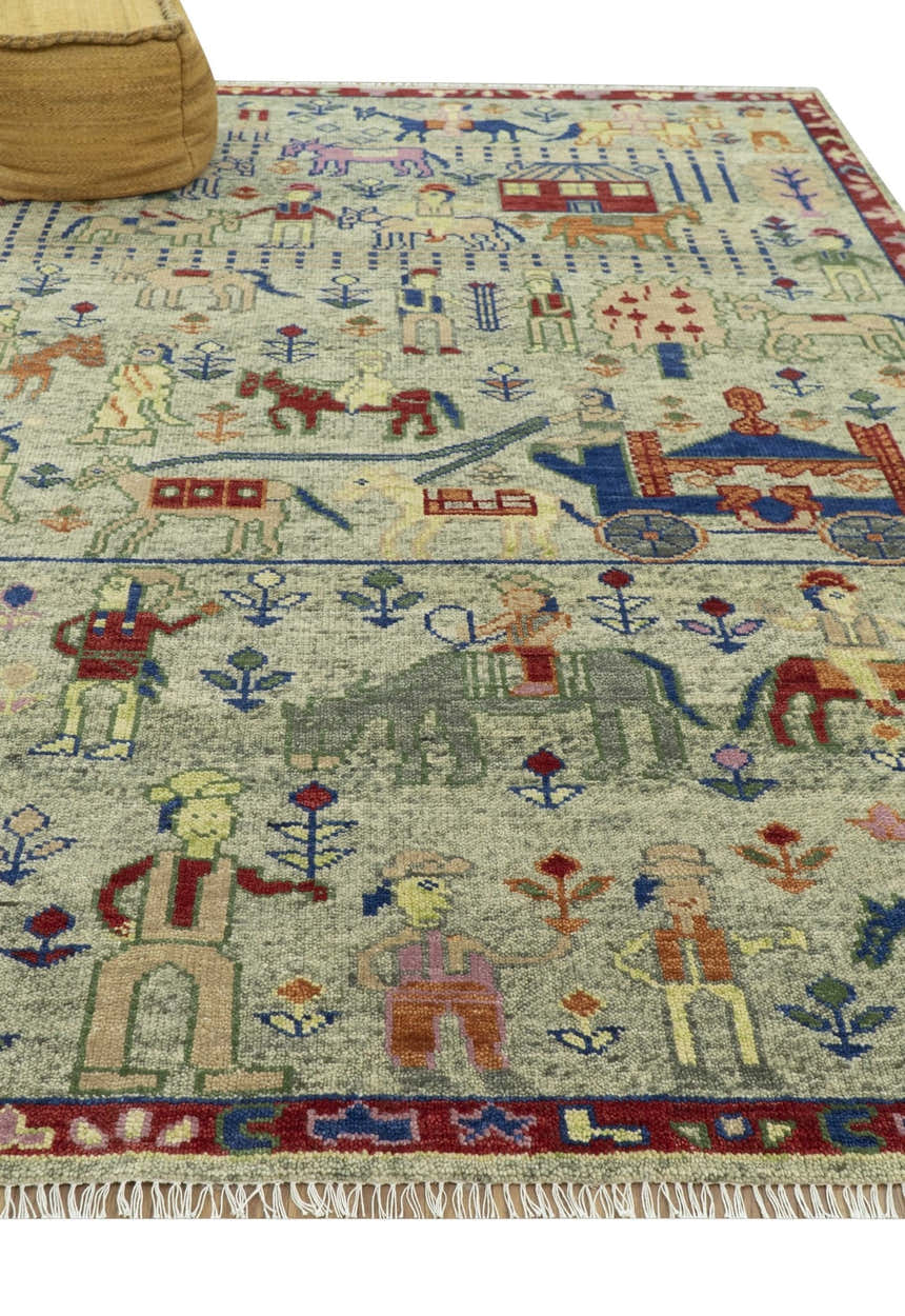 Custom Made Greenish Beige, Rust And Blue Folk Art Hand Knotted Wool Area Rug