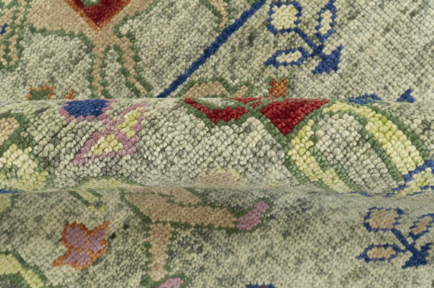Custom Made Greenish Beige, Rust And Blue Folk Art Hand Knotted Wool Area Rug