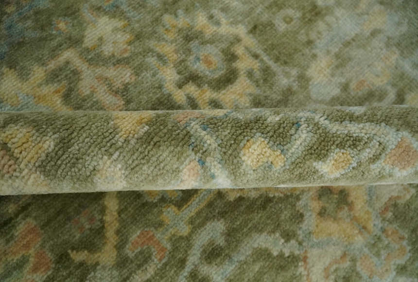 Custom Made Hand Knotted Antique Finish Green, Aqua and Beige Traditional Wool Rug