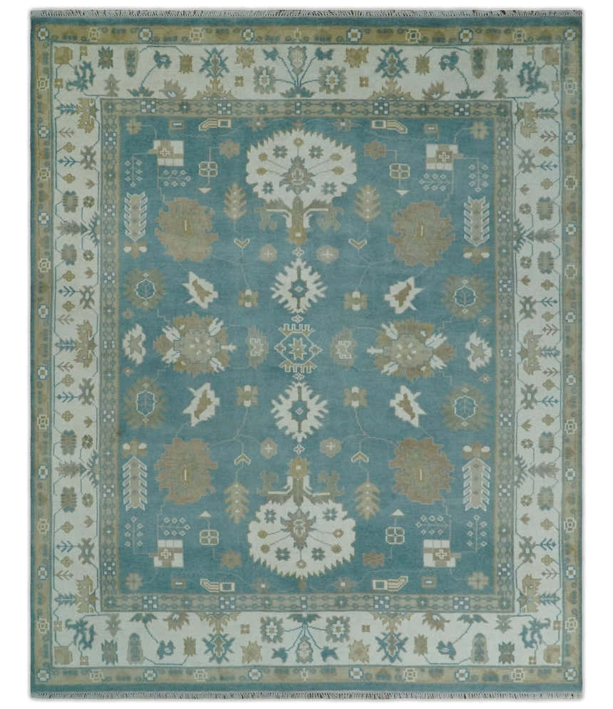 Custom Made Hand Knotted Blue, Ivory and Beige Traditional Oushak Wool Rug