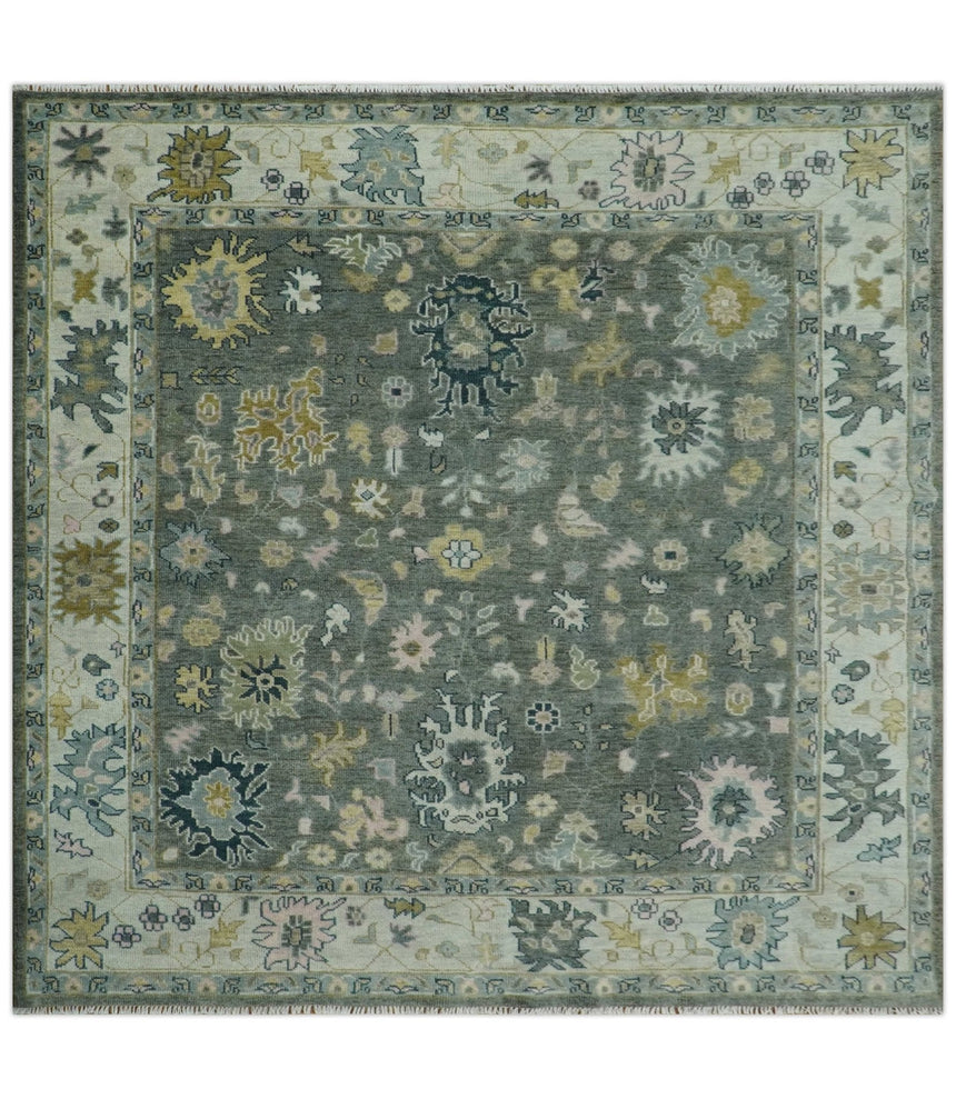 Custom Made Hand Knotted Charcoal and Ivory Traditional Oushak Wool Area Rug