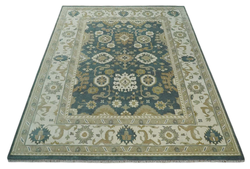 Custom Made Hand Knotted Dark Teal, Ivory and Beige Traditional Multi Size Oushak Wool Rug