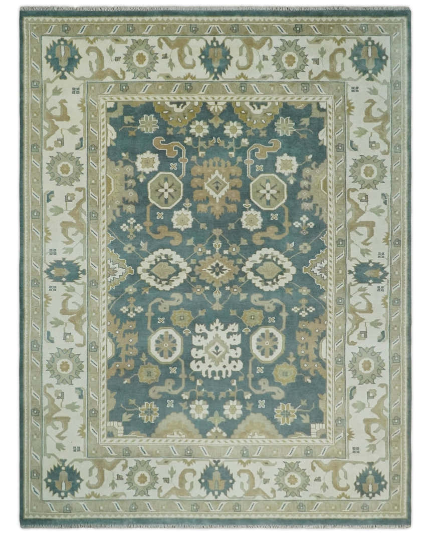 Custom Made Hand Knotted Dark Teal, Ivory and Beige Traditional Multi Size Oushak Wool Rug