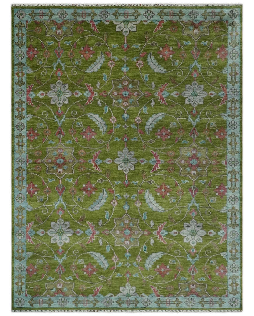 Custom Made Hand Knotted Green, Silver and Maroon Traditional Wool Area Rug