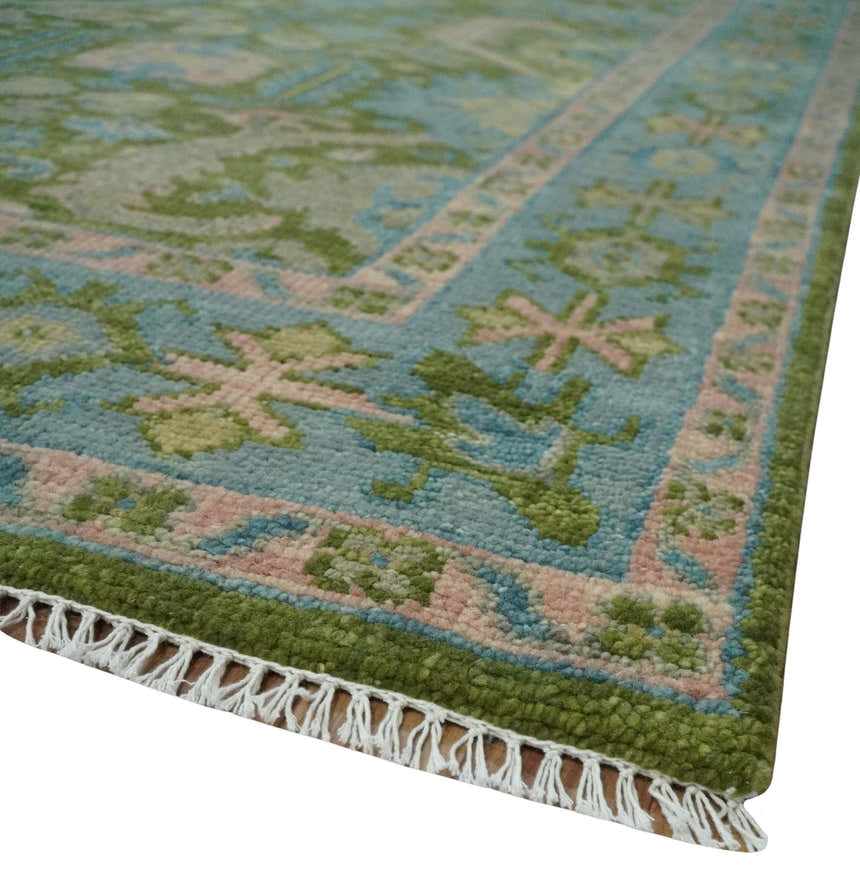 Custom Made Hand Knotted Green, Silver and Peach Traditional Oushak Wool Area Rug