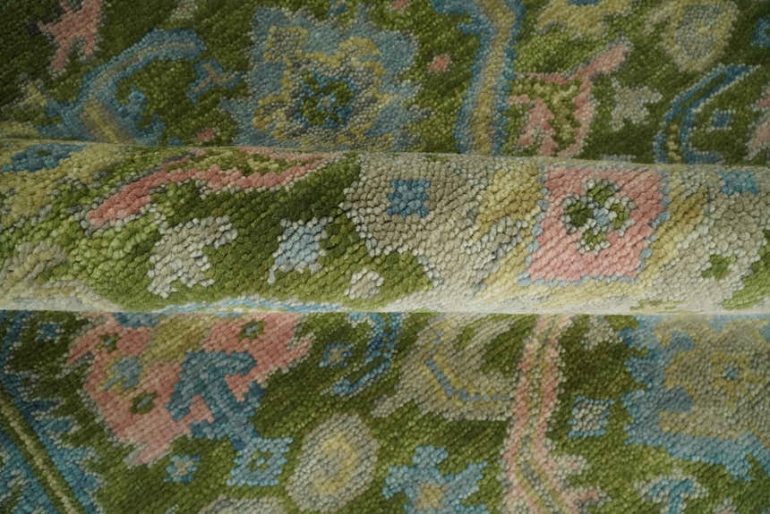 Custom Made Hand Knotted Green, Silver and Peach Traditional Oushak Wool Area Rug