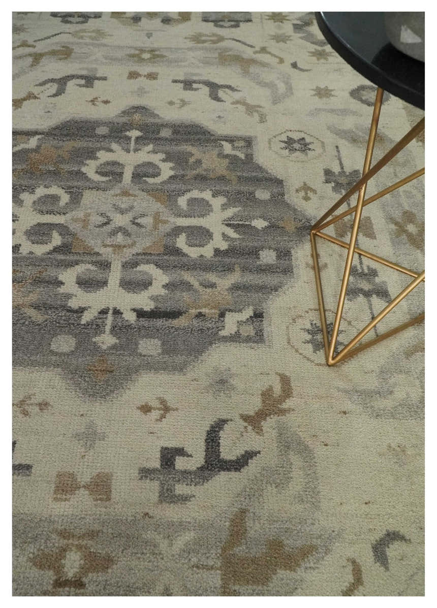Custom Made Hand Knotted Ivory and Charcoal Medallion Pattern Wool Area Rug