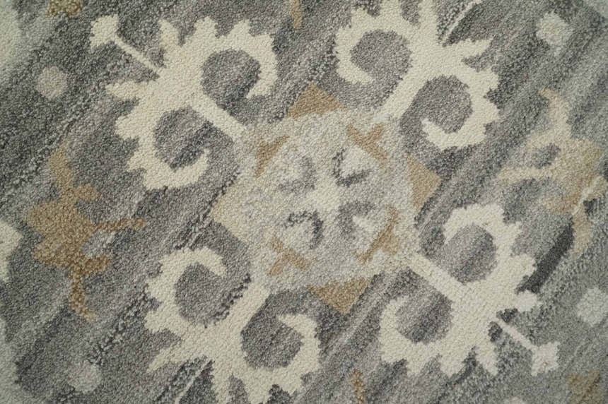 Custom Made Hand Knotted Ivory and Charcoal Medallion Pattern Wool Area Rug