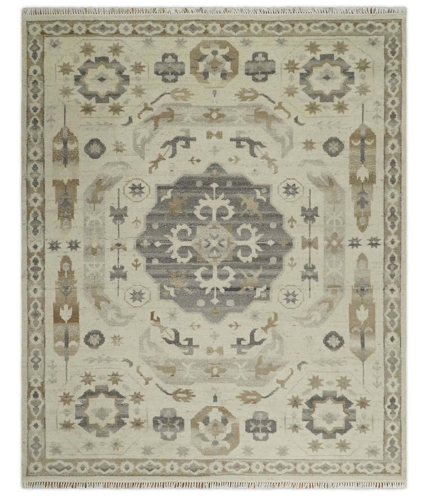 Custom Made Hand Knotted Ivory and Charcoal Medallion Pattern Wool Area Rug