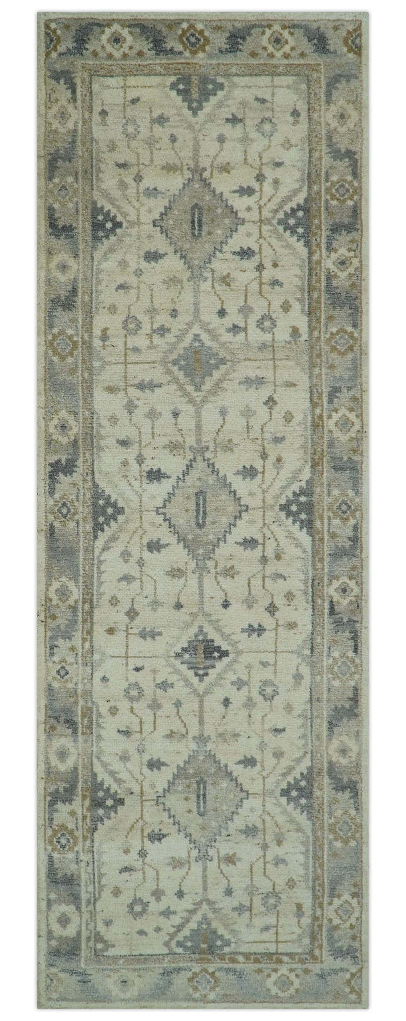 Custom Made Hand Knotted Ivory and Charcoal Traditional Tribal Natural Wool Area Rug, Kids, Living Room and Bedroom Rug