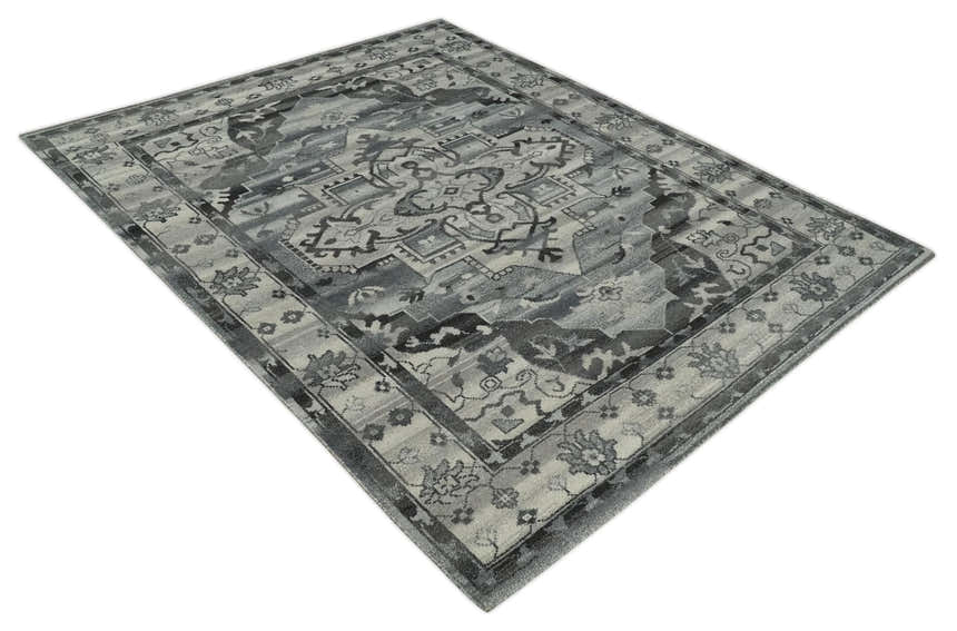 Custom Made Hand Knotted Ivory and Charcoal Traditional Wool Area Rug