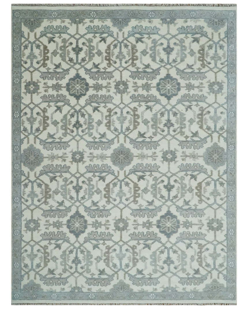 Custom Made Hand Knotted Ivory and Silver Oriental Oushak Multi Size Traditional Wool Area Rug, Living Room and Bedroom Rug