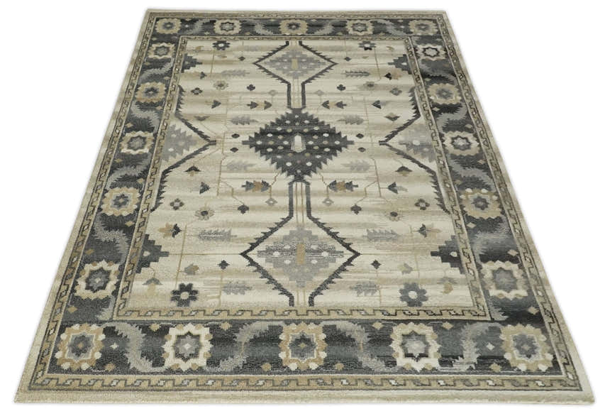 Custom Made Hand Knotted Ivory, Charcoal and Beige Traditional Wool Area Rug