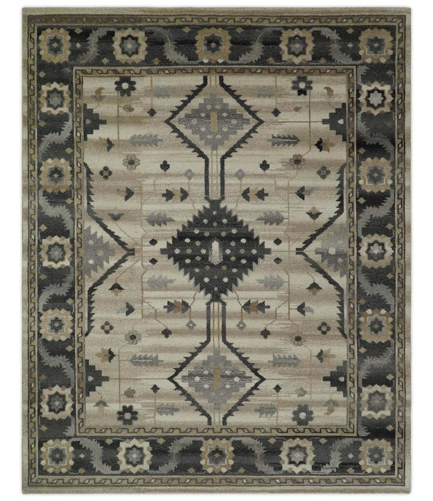 Custom Made Hand Knotted Ivory, Charcoal and Beige Traditional Wool Area Rug