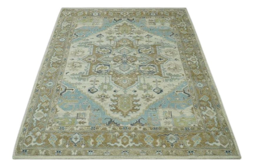 Custom Made Hand Knotted Ivory, Olive and Light Blue Traditional Wool Area Rug