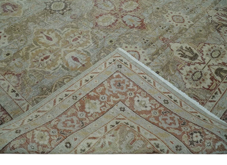 Custom Made Hand Knotted Olive and Rust Distressed Traditional Antique Look Wool Rug
