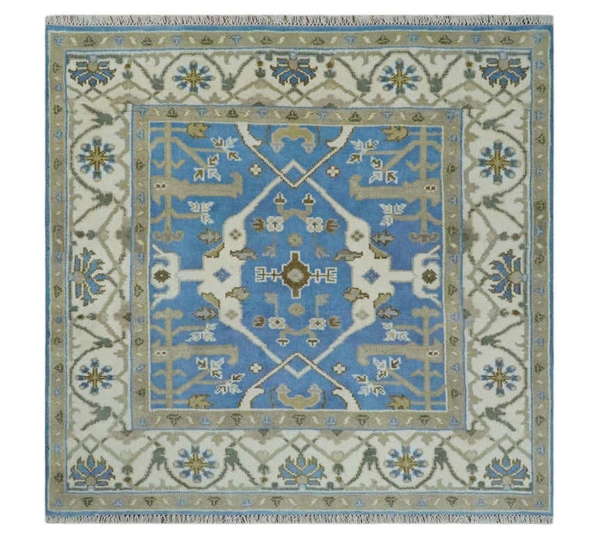 Custom Made Hand Knotted Oriental Oushak Blue and Ivory Wool Area Rug