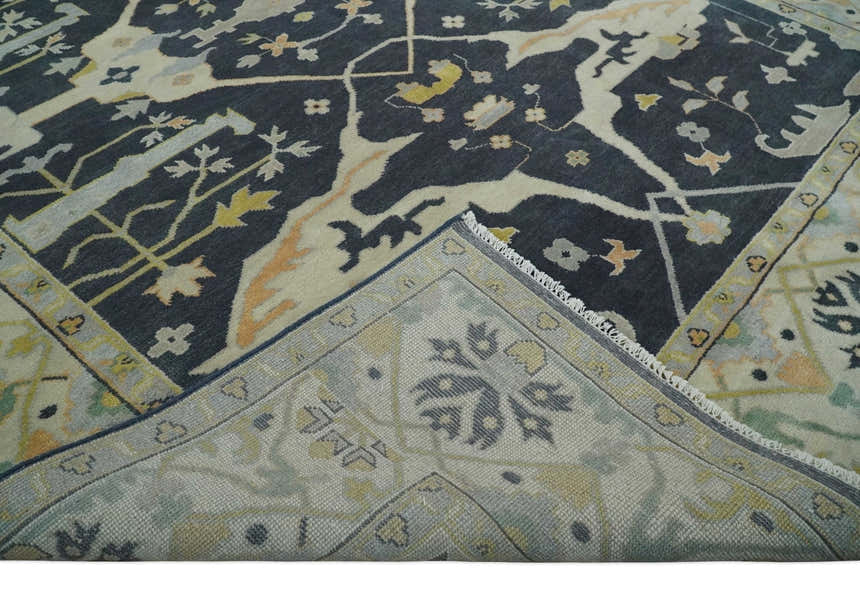 Custom Made Hand Knotted Oriental Oushak Charcoal, Ivory and Olive Wool Area Rug