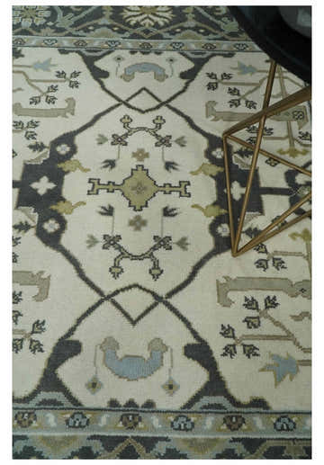 Custom made Hand Knotted Oriental Oushak Ivory, Charcoal and Olive Wool Area Rug