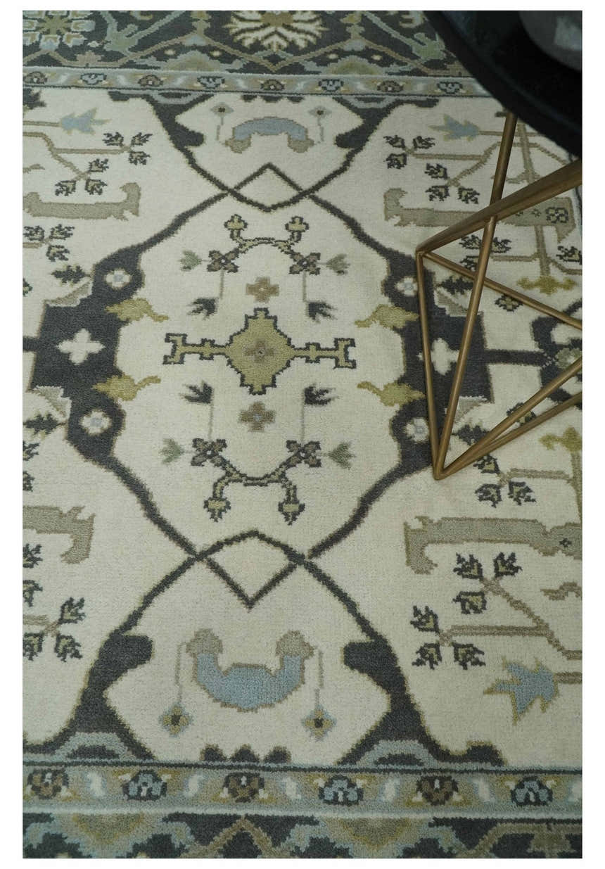 Custom made Hand Knotted Oriental Oushak Ivory, Charcoal and Olive Wool Area Rug
