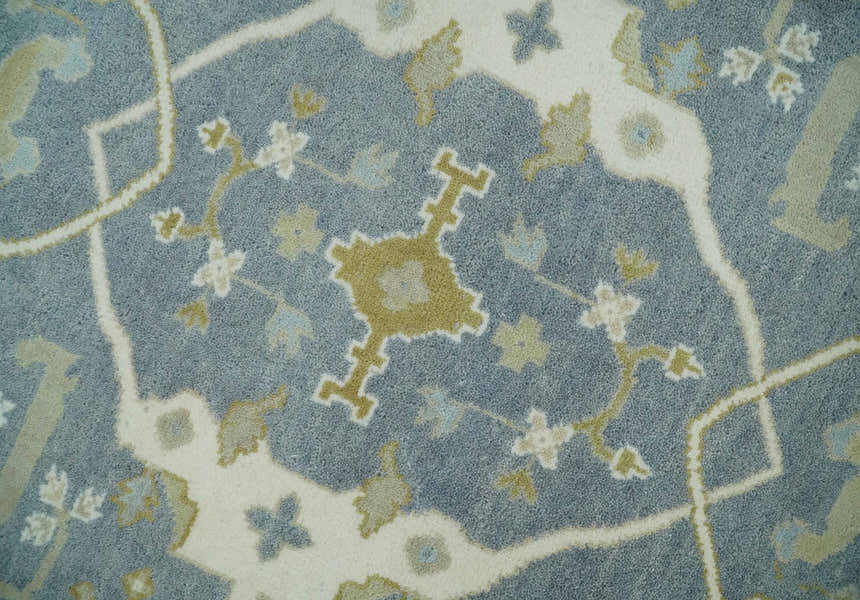 Custom Made Hand Knotted Oriental Oushak Ivory, Charcoal and Olive Wool Area Rug