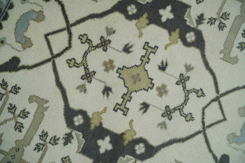 Custom made Hand Knotted Oriental Oushak Ivory, Charcoal and Olive Wool Area Rug