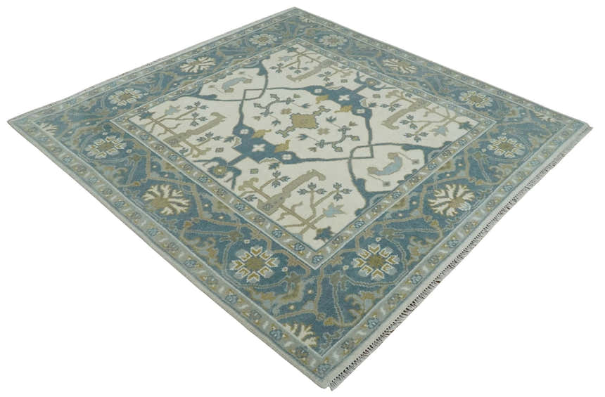 Custom Made Hand Knotted Oriental Oushak Ivory, Teal and Beige Wool Area Rug