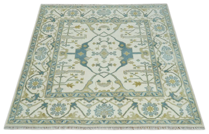 Custom Made Hand Knotted Oriental Oushak Ivory, Teal and Beige Wool Area Rug
