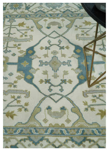 Custom Made Hand Knotted Oriental Oushak Ivory, Teal and Beige Wool Area Rug