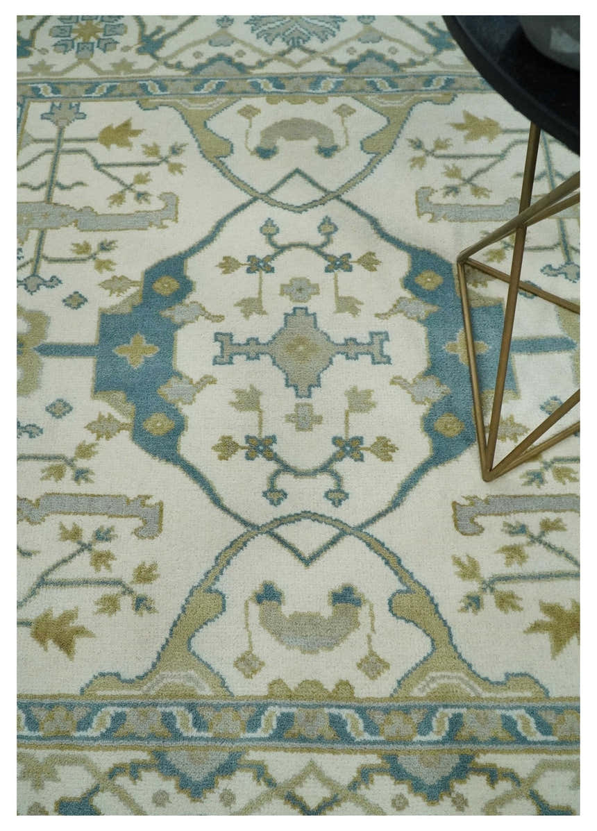 Custom Made Hand Knotted Oriental Oushak Ivory, Teal and Beige Wool Area Rug