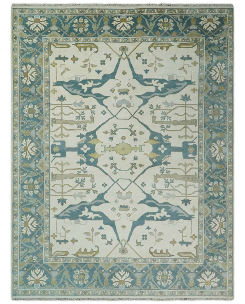 Custom Made Hand Knotted Oriental Oushak Ivory, Teal and Beige Wool Area Rug