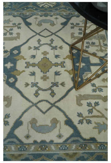 Custom Made Hand Knotted Oriental Oushak Ivory, Teal and Beige Wool Area Rug