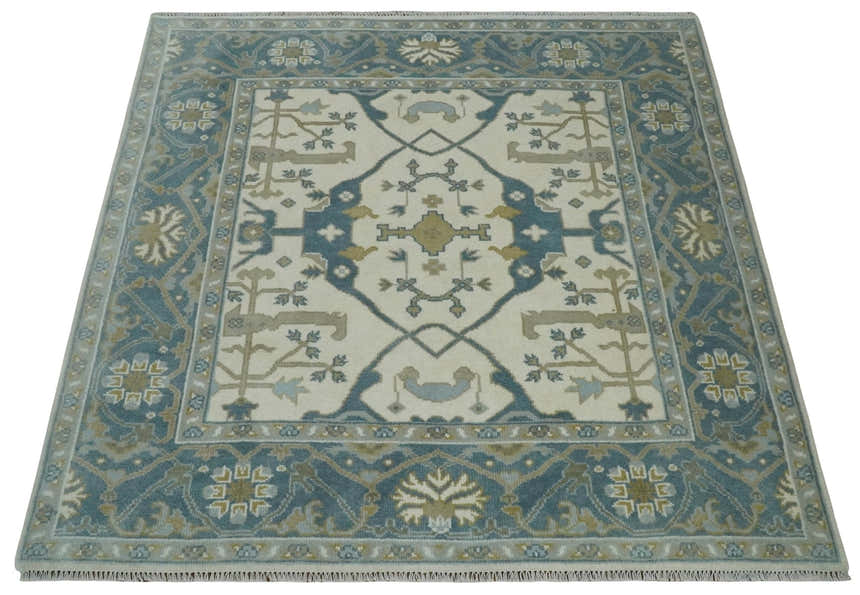 Custom Made Hand Knotted Oriental Oushak Ivory, Teal and Beige Wool Area Rug