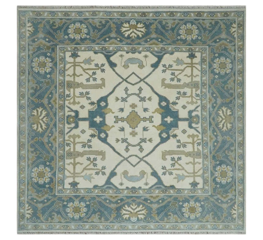 Custom Made Hand Knotted Oriental Oushak Ivory, Teal and Beige Wool Area Rug