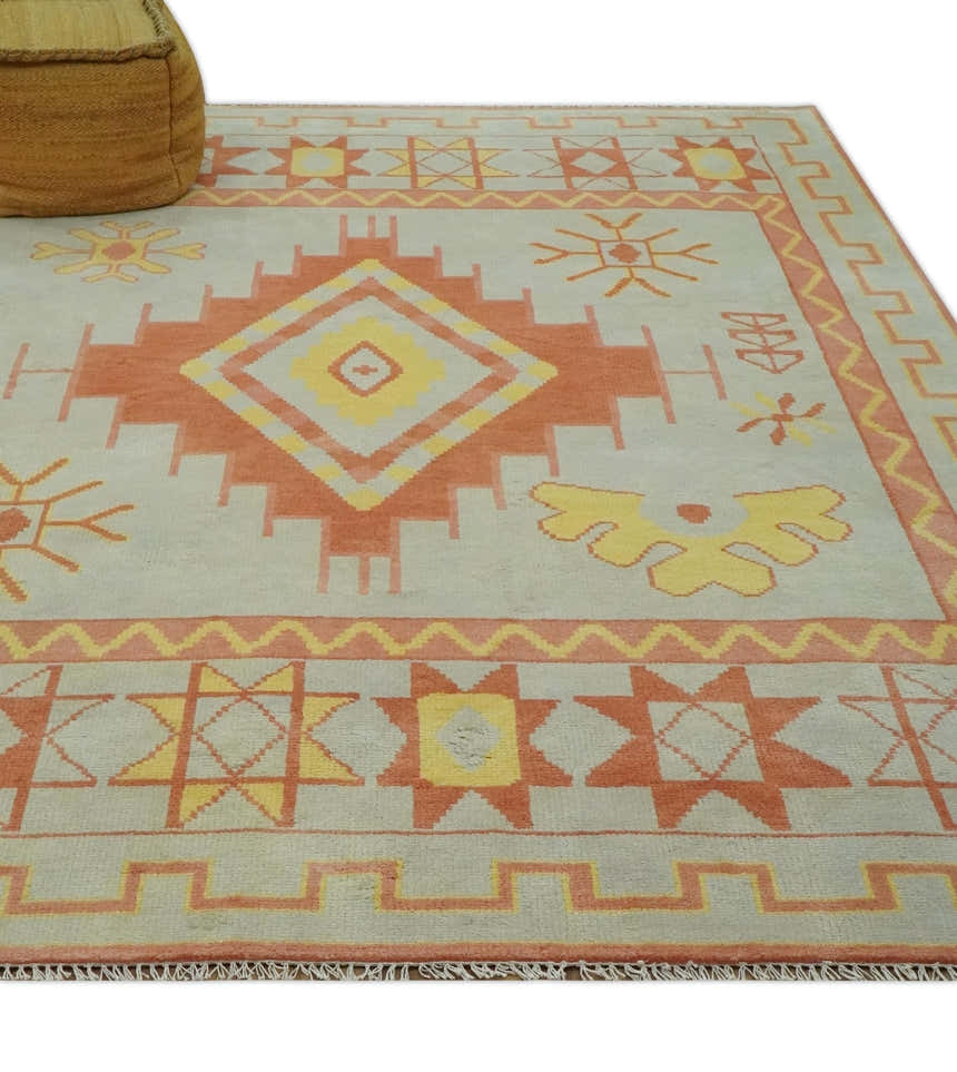 Custom Made Hand Knotted Silver, Peach and Mustard Southwestern wool area rug