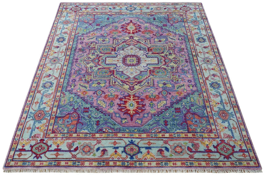Custom Made Hand Knotted Silver, Purple and Green Traditional Wool Area Rug