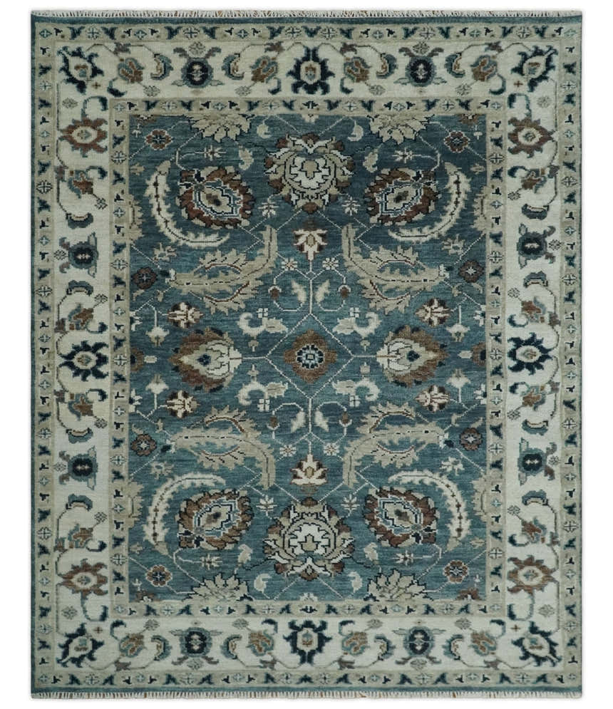 Custom Made Hand Knotted Teal and Ivory Traditional Antique Style Wool Area Rug