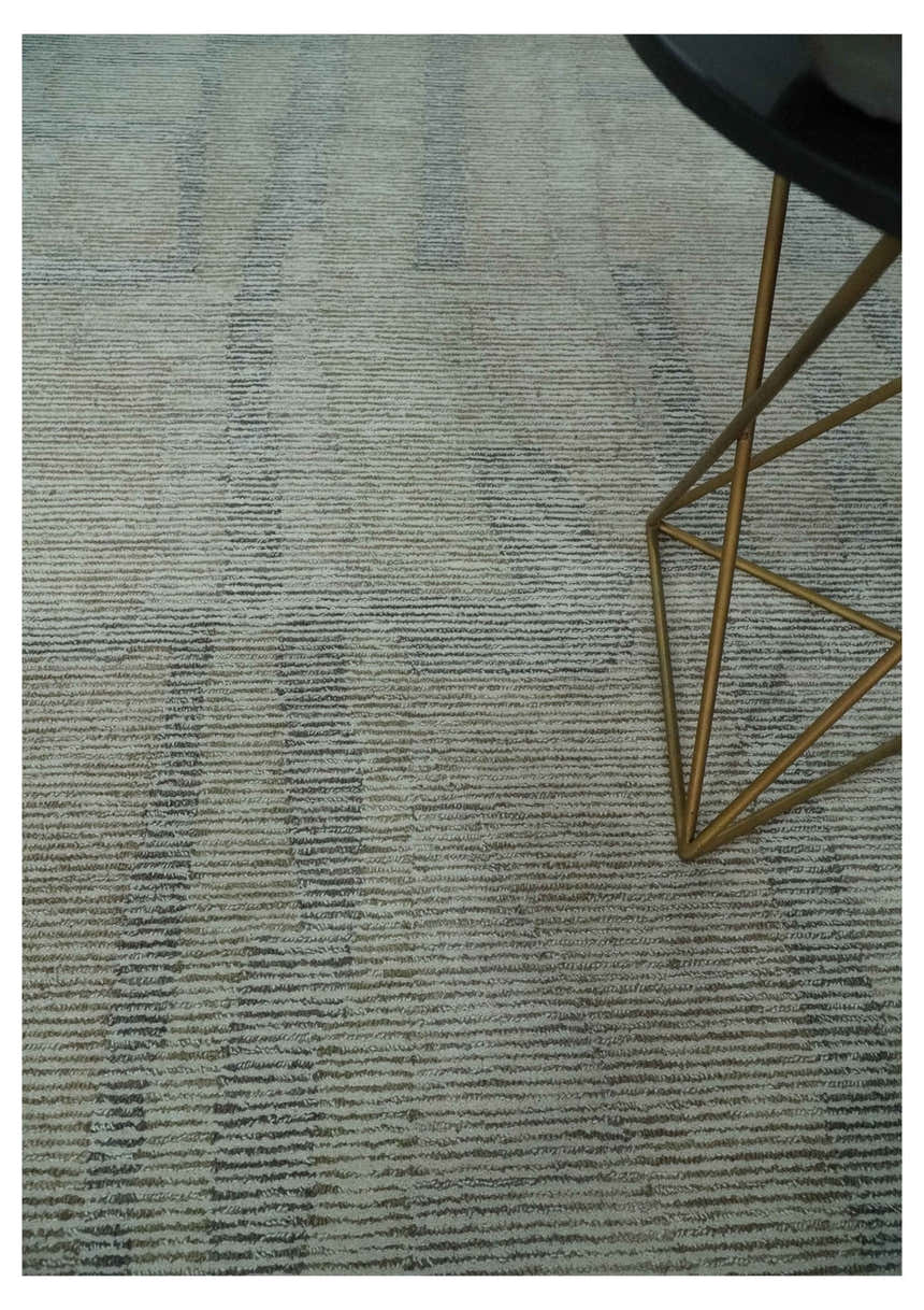 Custom Made Hand Tufted Ivory, Olive and Charcoal Modern Abstract Stripes Design Rug