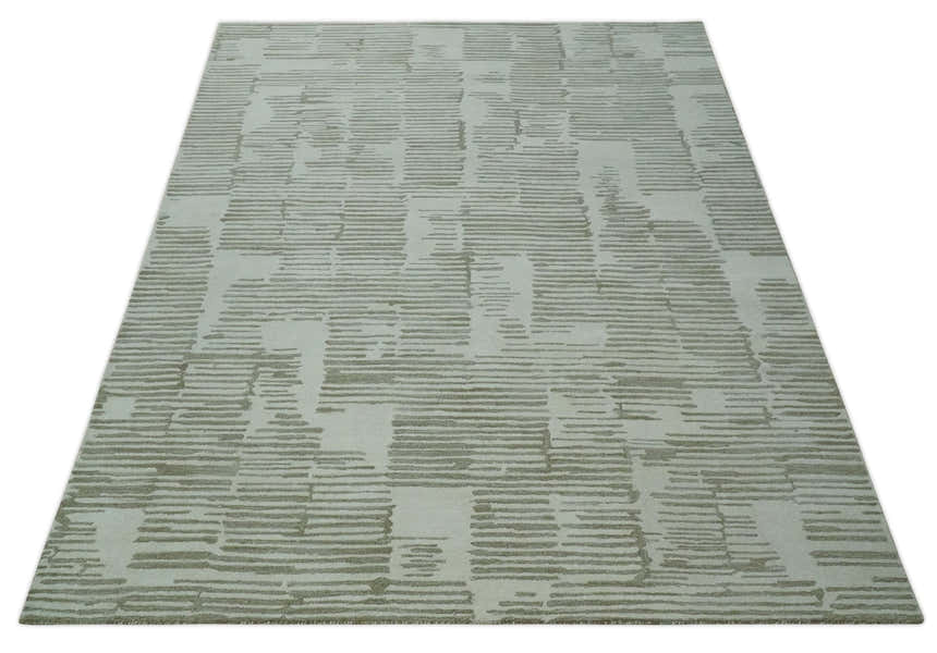 Custom Made Ivory and Olive Modern Design Hand Tufted Wool Rug
