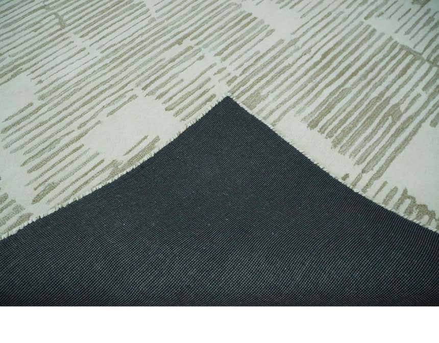 Custom Made Ivory and Olive Modern Design Hand Tufted Wool Rug
