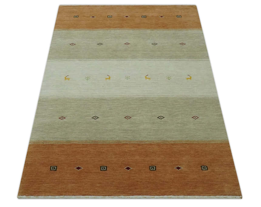 Custom Made Ivory, Beige and Rust Geometrical stripes Design Hand loom Wool Area Rug