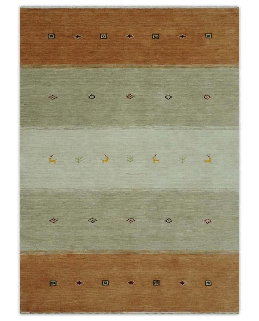 Custom Made Ivory, Beige and Rust Geometrical stripes Design Hand loom Wool Area Rug