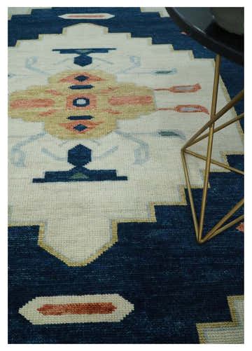 Custom Made Ivory, Blue, Beige and Rust Hand Knotted Traditional Heriz Wool Area Rug