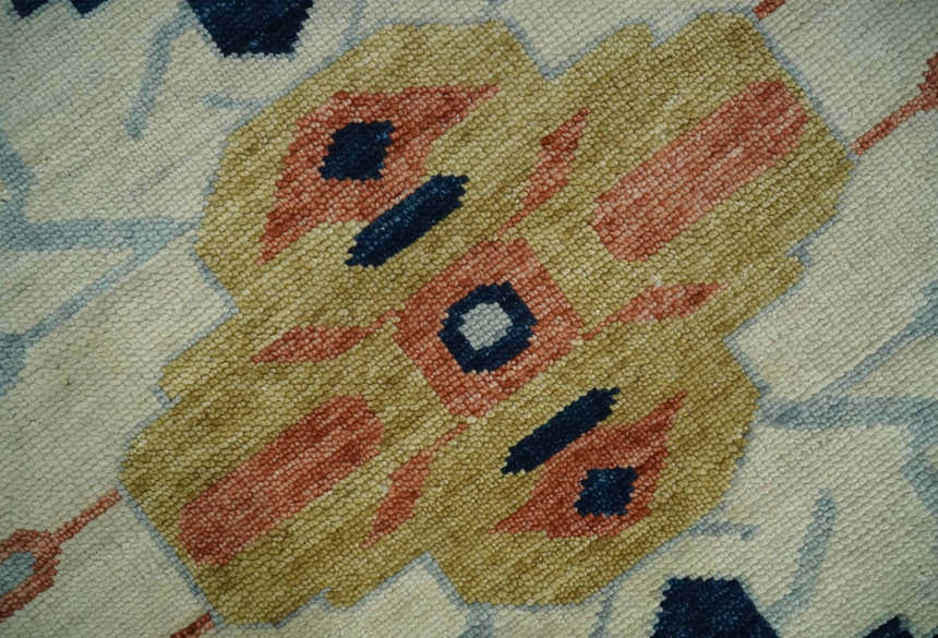 Custom Made Ivory, Blue, Beige and Rust Hand Knotted Traditional Heriz Wool Area Rug