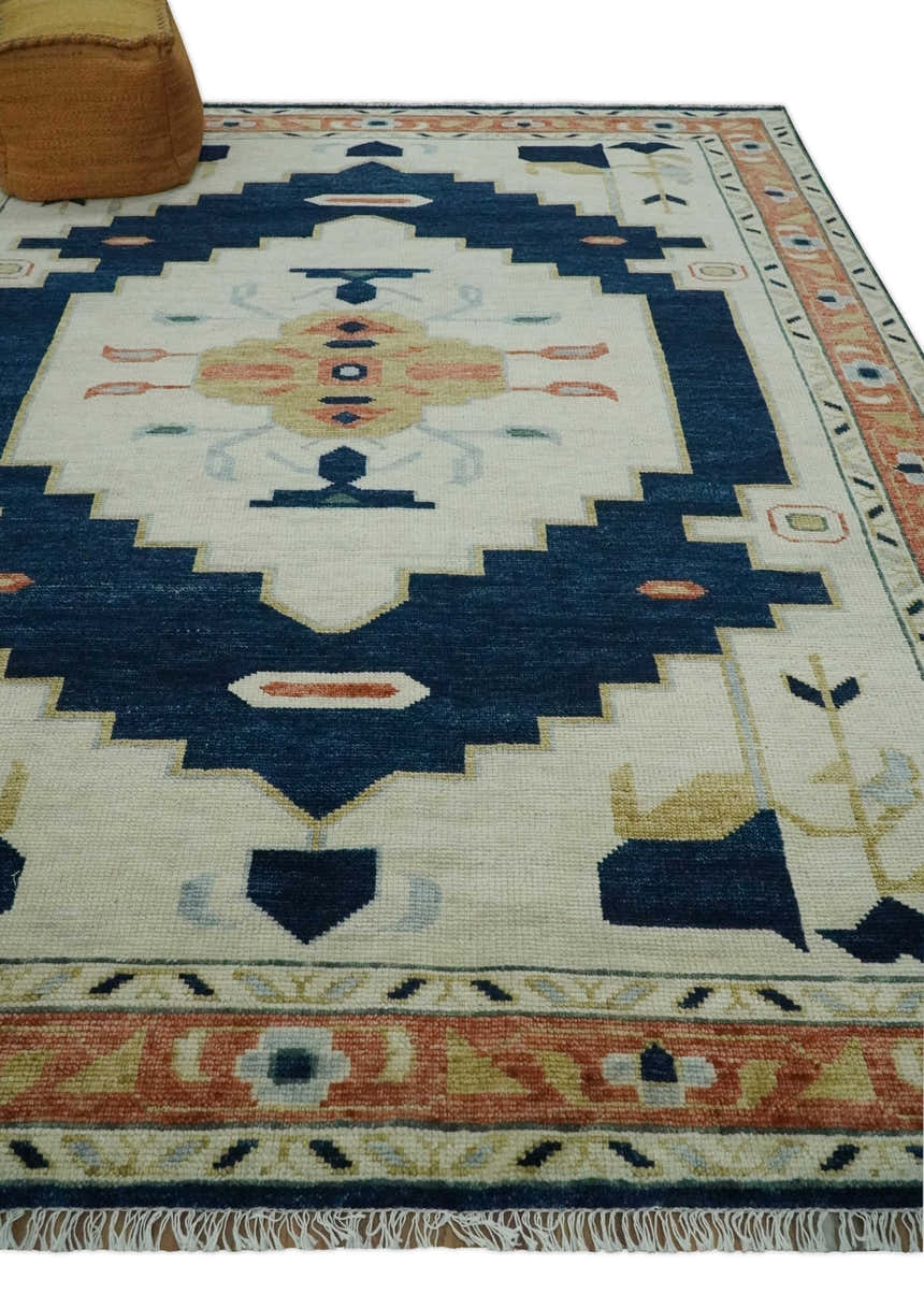 Custom Made Ivory, Blue, Beige and Rust Hand Knotted Traditional Heriz Wool Area Rug
